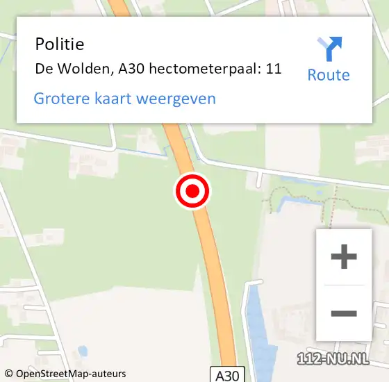 Locatie op kaart van de 112 melding: Politie De Wolden, A30 hectometerpaal: 11 op 20 februari 2022 22:27