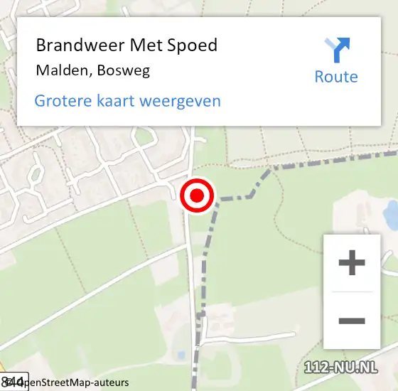 Locatie op kaart van de 112 melding: Brandweer Met Spoed Naar Malden, Bosweg op 21 februari 2022 06:52