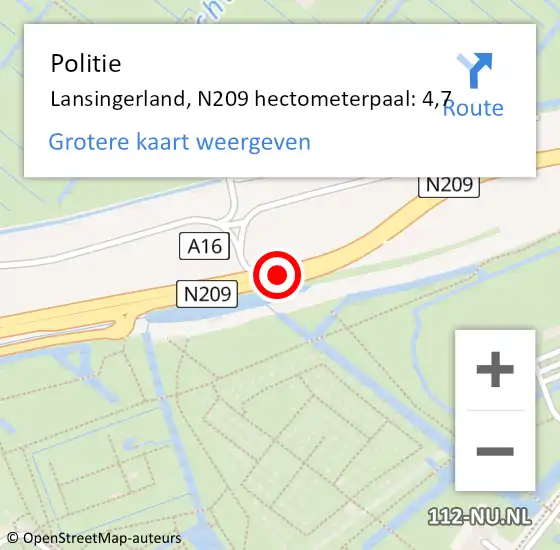 Locatie op kaart van de 112 melding: Politie Lansingerland, N209 hectometerpaal: 4,7 op 21 februari 2022 08:00