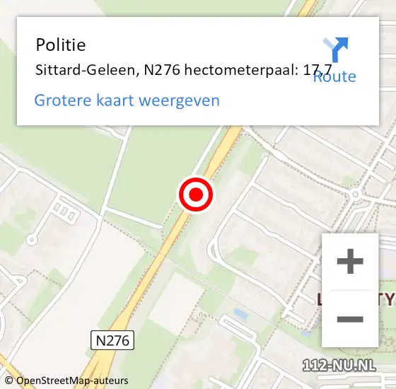 Locatie op kaart van de 112 melding: Politie Sittard-Geleen, N276 hectometerpaal: 17,7 op 21 februari 2022 08:30