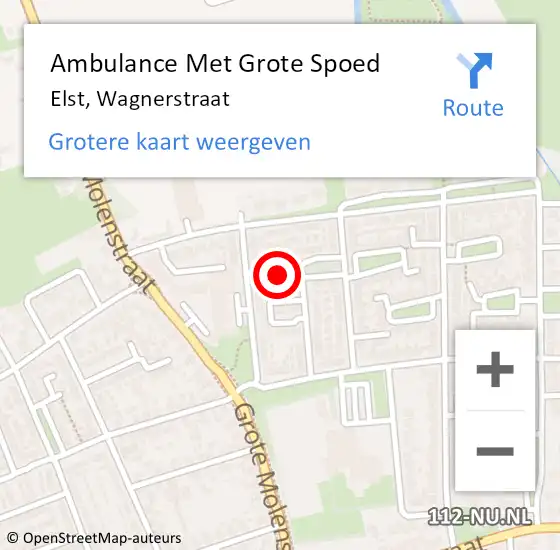 Locatie op kaart van de 112 melding: Ambulance Met Grote Spoed Naar Elst, Wagnerstraat op 21 februari 2022 08:46
