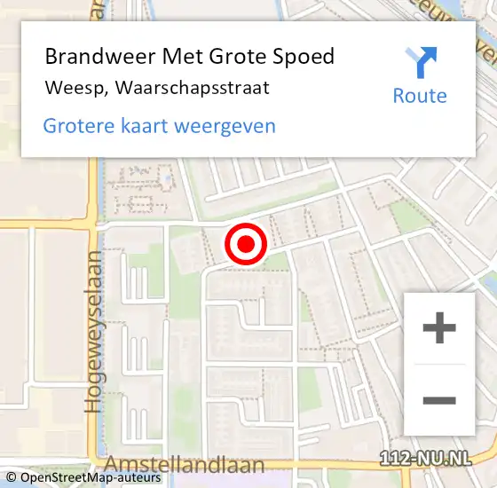 Locatie op kaart van de 112 melding: Brandweer Met Grote Spoed Naar Weesp, Waarschapsstraat op 21 februari 2022 09:54