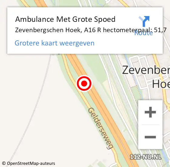 Locatie op kaart van de 112 melding: Ambulance Met Grote Spoed Naar Zevenbergschen Hoek, A16 R hectometerpaal: 51,7 op 9 juli 2014 07:59
