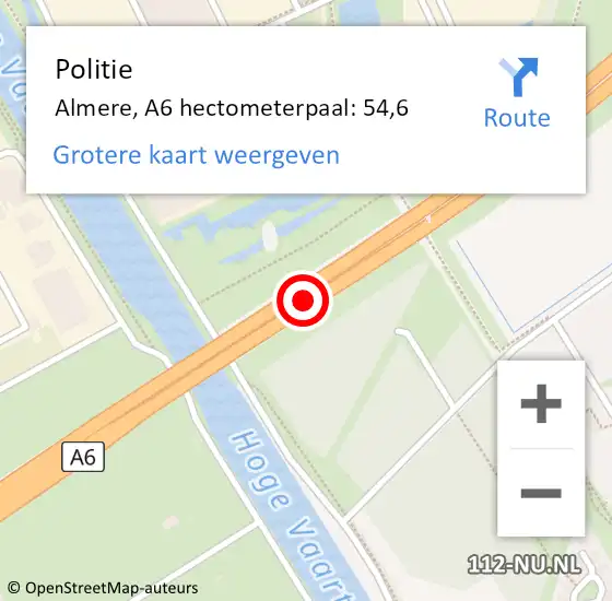 Locatie op kaart van de 112 melding: Politie Almere, A6 hectometerpaal: 54,6 op 21 februari 2022 12:19