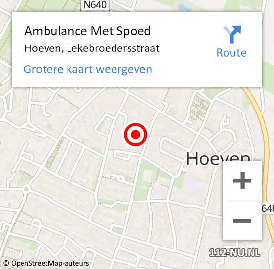 Locatie op kaart van de 112 melding: Ambulance Met Spoed Naar Hoeven, Lekebroedersstraat op 9 juli 2014 08:23