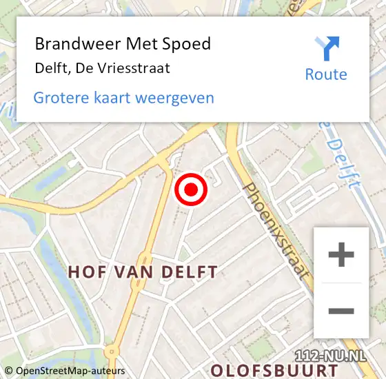 Locatie op kaart van de 112 melding: Brandweer Met Spoed Naar Delft, De Vriesstraat op 21 februari 2022 13:23