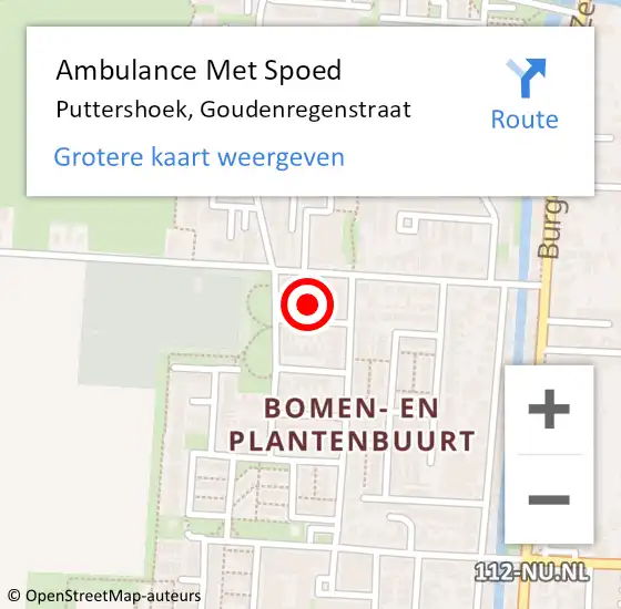 Locatie op kaart van de 112 melding: Ambulance Met Spoed Naar Puttershoek, Goudenregenstraat op 21 februari 2022 16:53