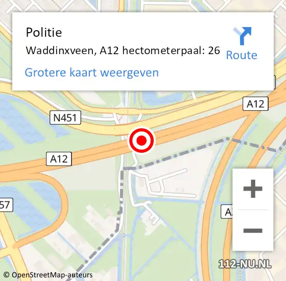 Locatie op kaart van de 112 melding: Politie Waddinxveen, A12 hectometerpaal: 26 op 21 februari 2022 18:03