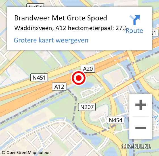 Locatie op kaart van de 112 melding: Brandweer Met Grote Spoed Naar Waddinxveen, A12 hectometerpaal: 27,1 op 21 februari 2022 18:13