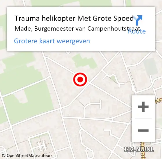 Locatie op kaart van de 112 melding: Trauma helikopter Met Grote Spoed Naar Made, Burgemeester van Campenhoutstraat op 21 februari 2022 18:18