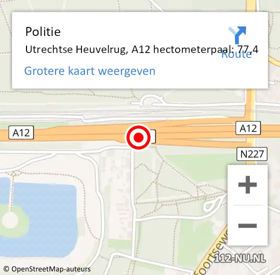 Locatie op kaart van de 112 melding: Politie Utrechtse Heuvelrug, A12 hectometerpaal: 77,4 op 21 februari 2022 19:09