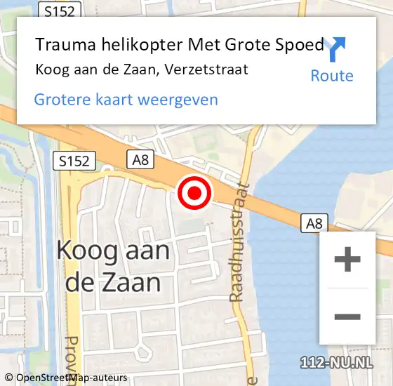Locatie op kaart van de 112 melding: Trauma helikopter Met Grote Spoed Naar Koog aan de Zaan, Verzetstraat op 21 februari 2022 20:47