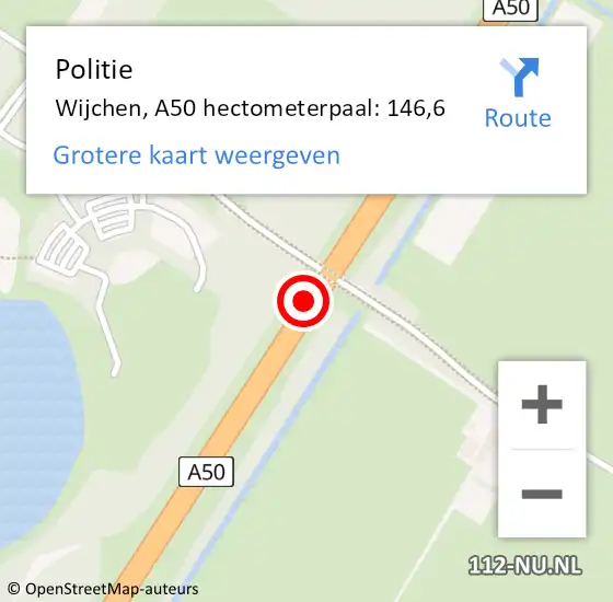 Locatie op kaart van de 112 melding: Politie Wijchen, A50 hectometerpaal: 146,6 op 21 februari 2022 22:50