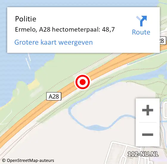Locatie op kaart van de 112 melding: Politie Ermelo, A28 hectometerpaal: 48,7 op 22 februari 2022 04:59