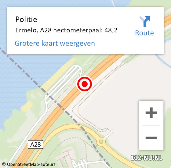 Locatie op kaart van de 112 melding: Politie Ermelo, A28 hectometerpaal: 48,2 op 22 februari 2022 05:01