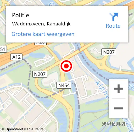 Locatie op kaart van de 112 melding: Politie Waddinxveen, Kanaaldijk op 22 februari 2022 06:44