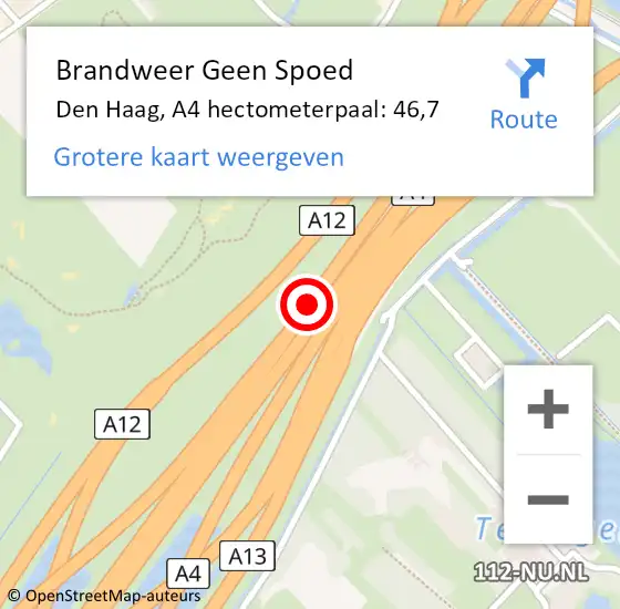 Locatie op kaart van de 112 melding: Brandweer Geen Spoed Naar Den Haag, A4 hectometerpaal: 46,7 op 22 februari 2022 08:19