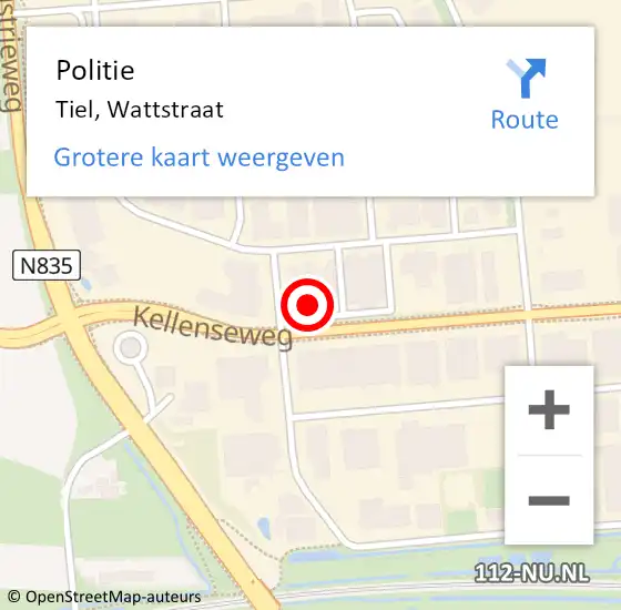 Locatie op kaart van de 112 melding: Politie Tiel, Wattstraat op 22 februari 2022 08:29