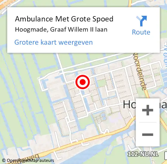 Locatie op kaart van de 112 melding: Ambulance Met Grote Spoed Naar Hoogmade, Graaf Willem II laan op 22 februari 2022 08:53