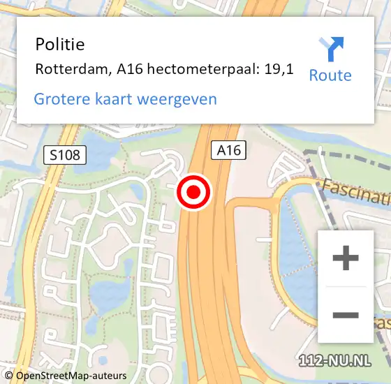 Locatie op kaart van de 112 melding: Politie Rotterdam, A16 hectometerpaal: 19,1 op 22 februari 2022 13:33