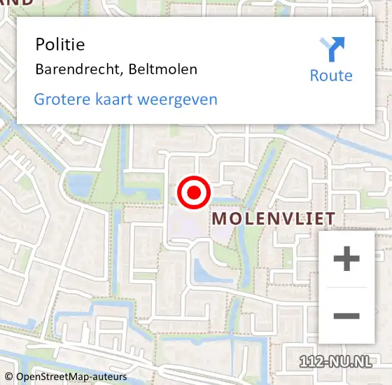 Locatie op kaart van de 112 melding: Politie Barendrecht, Beltmolen op 22 februari 2022 14:22