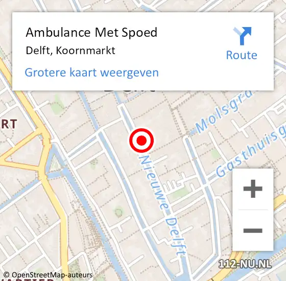 Locatie op kaart van de 112 melding: Ambulance Met Spoed Naar Delft, Koornmarkt op 22 februari 2022 15:16