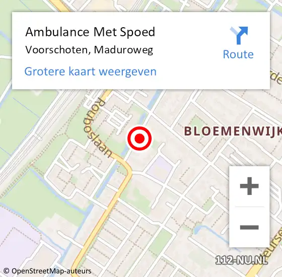 Locatie op kaart van de 112 melding: Ambulance Met Spoed Naar Voorschoten, Maduroweg op 22 februari 2022 16:52