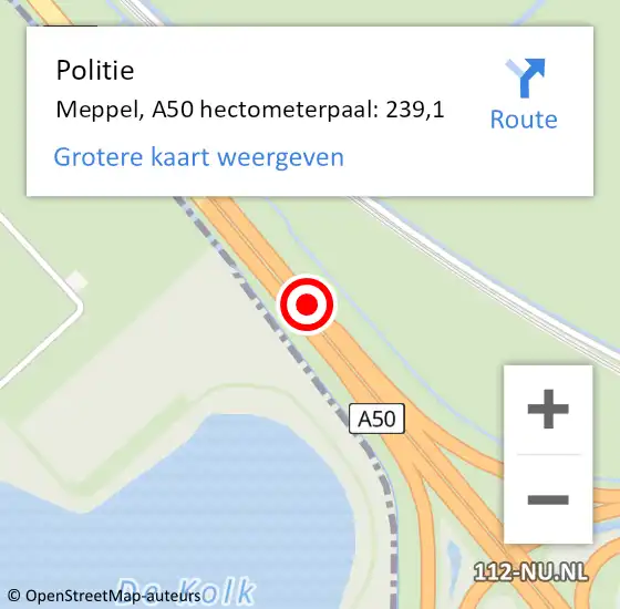 Locatie op kaart van de 112 melding: Politie Meppel, A50 hectometerpaal: 239,1 op 22 februari 2022 16:56