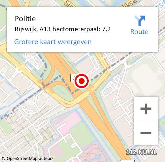 Locatie op kaart van de 112 melding: Politie Rijswijk, A13 hectometerpaal: 7,2 op 22 februari 2022 17:11
