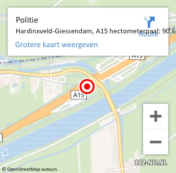 Locatie op kaart van de 112 melding: Politie Hardinxveld-Giessendam, A15 hectometerpaal: 90,6 op 22 februari 2022 18:32