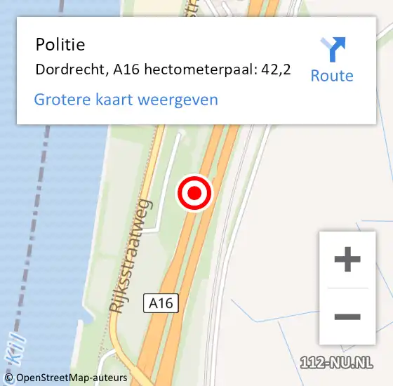 Locatie op kaart van de 112 melding: Politie Dordrecht, A16 hectometerpaal: 42,2 op 22 februari 2022 18:38