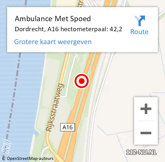 Locatie op kaart van de 112 melding: Ambulance Met Spoed Naar Dordrecht, A16 hectometerpaal: 42,2 op 22 februari 2022 18:38