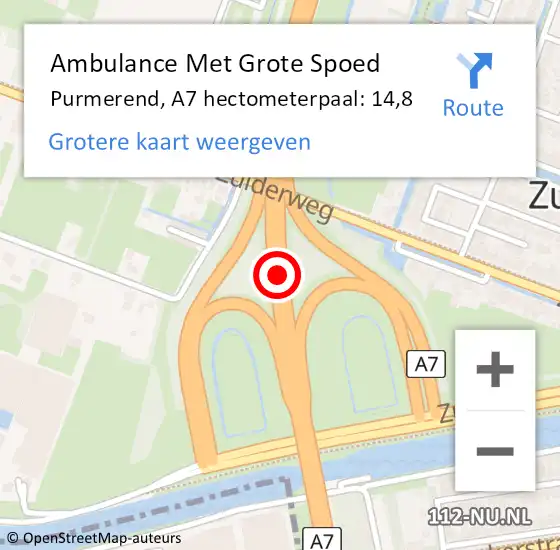 Locatie op kaart van de 112 melding: Ambulance Met Grote Spoed Naar Purmerend, A7 hectometerpaal: 14,8 op 22 februari 2022 18:53