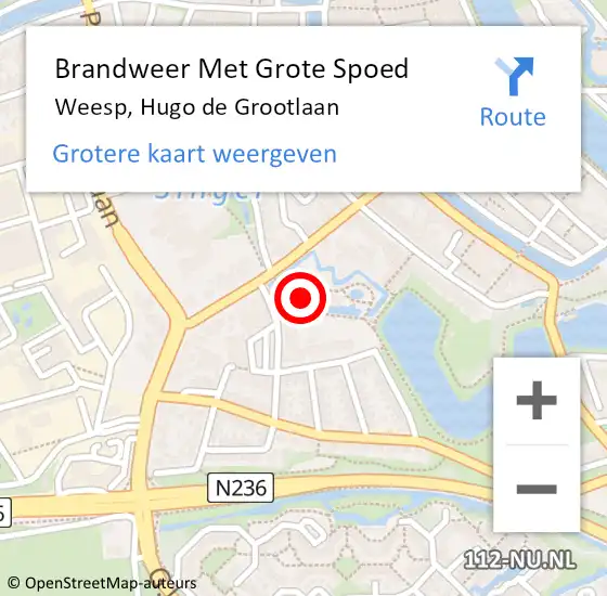 Locatie op kaart van de 112 melding: Brandweer Met Grote Spoed Naar Weesp, Hugo de Grootlaan op 22 februari 2022 18:57