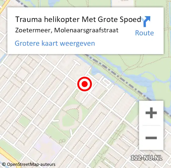 Locatie op kaart van de 112 melding: Trauma helikopter Met Grote Spoed Naar Zoetermeer, Molenaarsgraafstraat op 22 februari 2022 20:23