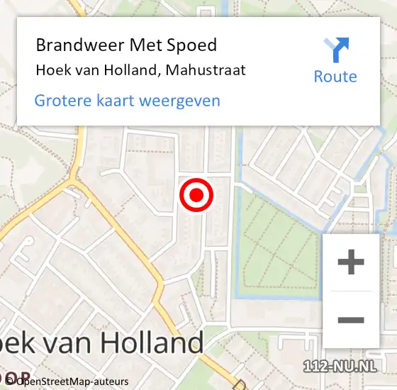 Locatie op kaart van de 112 melding: Brandweer Met Spoed Naar Hoek van Holland, Mahustraat op 22 februari 2022 22:19