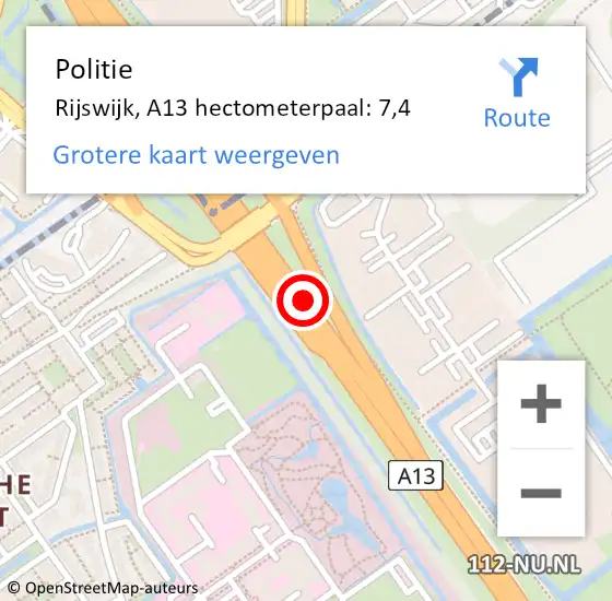 Locatie op kaart van de 112 melding: Politie Rijswijk, A13 hectometerpaal: 7,4 op 22 februari 2022 23:05