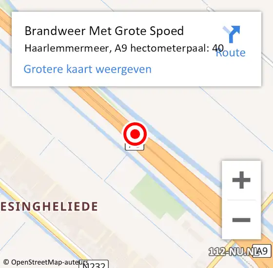 Locatie op kaart van de 112 melding: Brandweer Met Grote Spoed Naar Haarlemmermeer, A9 hectometerpaal: 40 op 23 februari 2022 01:21