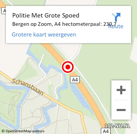 Locatie op kaart van de 112 melding: Politie Met Grote Spoed Naar Bergen op Zoom, A4 hectometerpaal: 230,7 op 23 februari 2022 01:43