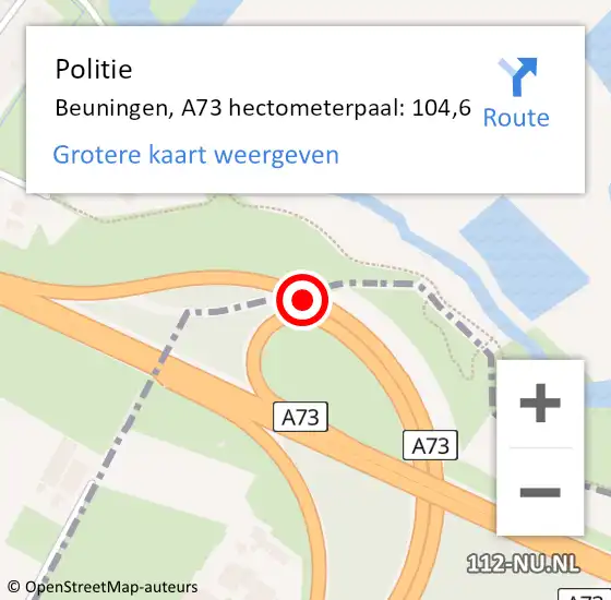 Locatie op kaart van de 112 melding: Politie Beuningen, A73 hectometerpaal: 104,6 op 23 februari 2022 05:51