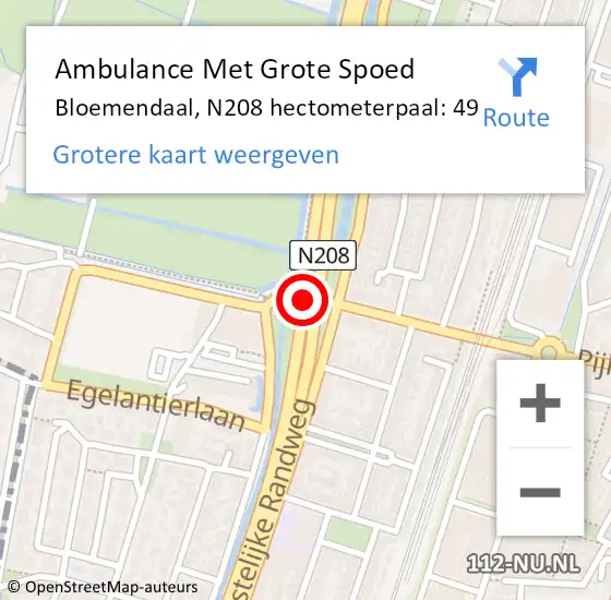 Locatie op kaart van de 112 melding: Ambulance Met Grote Spoed Naar Bloemendaal, N208 hectometerpaal: 49 op 23 februari 2022 11:57