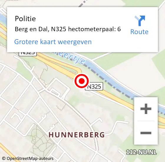 Locatie op kaart van de 112 melding: Politie Berg en Dal, N325 hectometerpaal: 6 op 23 februari 2022 12:13