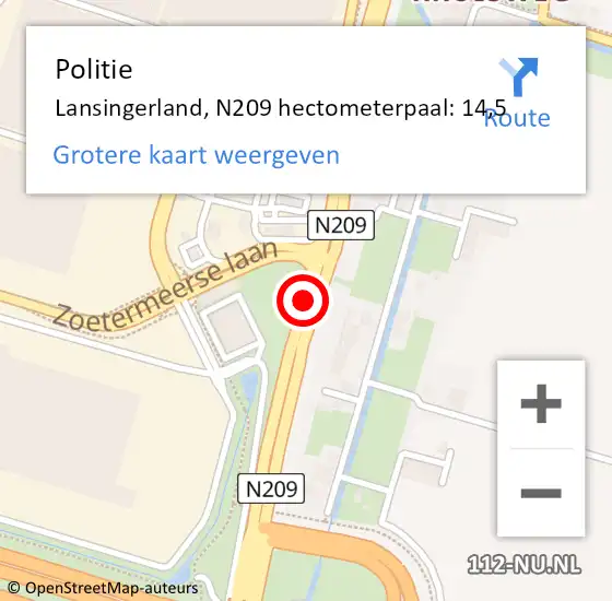 Locatie op kaart van de 112 melding: Politie Lansingerland, N209 hectometerpaal: 14,5 op 23 februari 2022 13:47