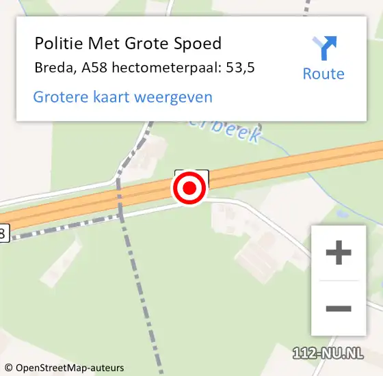 Locatie op kaart van de 112 melding: Politie Met Grote Spoed Naar Breda, A58 hectometerpaal: 53,5 op 23 februari 2022 13:48