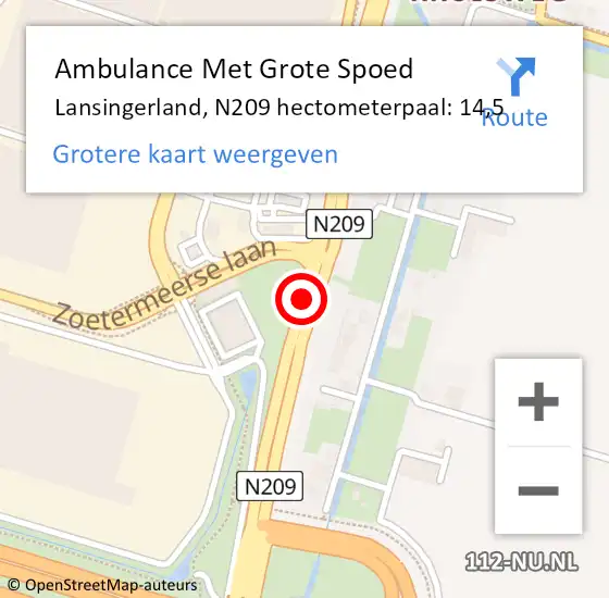 Locatie op kaart van de 112 melding: Ambulance Met Grote Spoed Naar Lansingerland, N209 hectometerpaal: 14,5 op 23 februari 2022 13:48