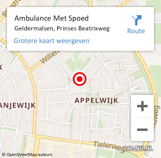 Locatie op kaart van de 112 melding: Ambulance Met Spoed Naar Geldermalsen, Prinses Beatrixweg op 23 februari 2022 14:01