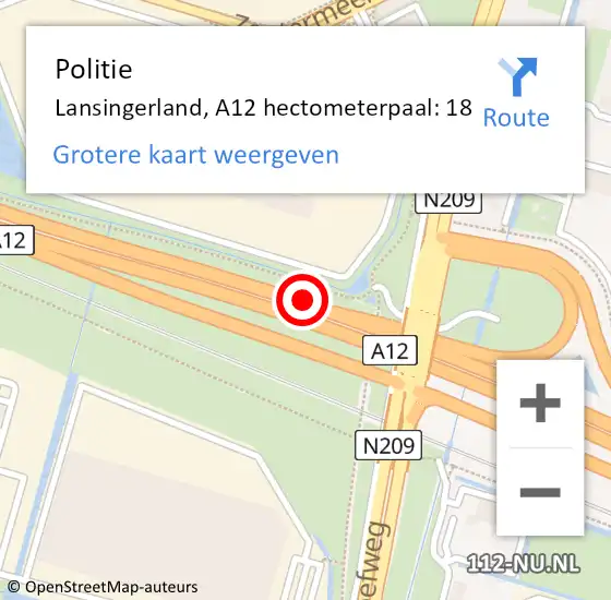 Locatie op kaart van de 112 melding: Politie Lansingerland, A12 hectometerpaal: 18 op 23 februari 2022 14:52