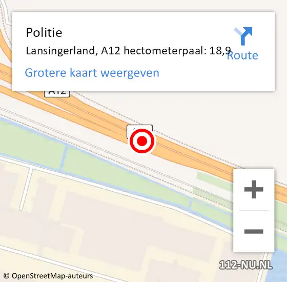 Locatie op kaart van de 112 melding: Politie Lansingerland, A12 hectometerpaal: 18,9 op 23 februari 2022 14:56