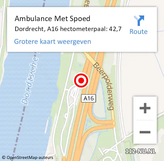 Locatie op kaart van de 112 melding: Ambulance Met Spoed Naar Dordrecht, A16 hectometerpaal: 42,7 op 23 februari 2022 15:22