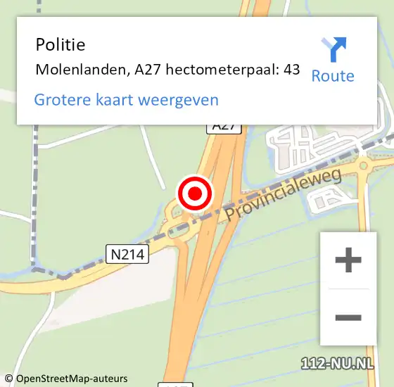 Locatie op kaart van de 112 melding: Politie Molenlanden, A27 hectometerpaal: 43 op 23 februari 2022 15:54